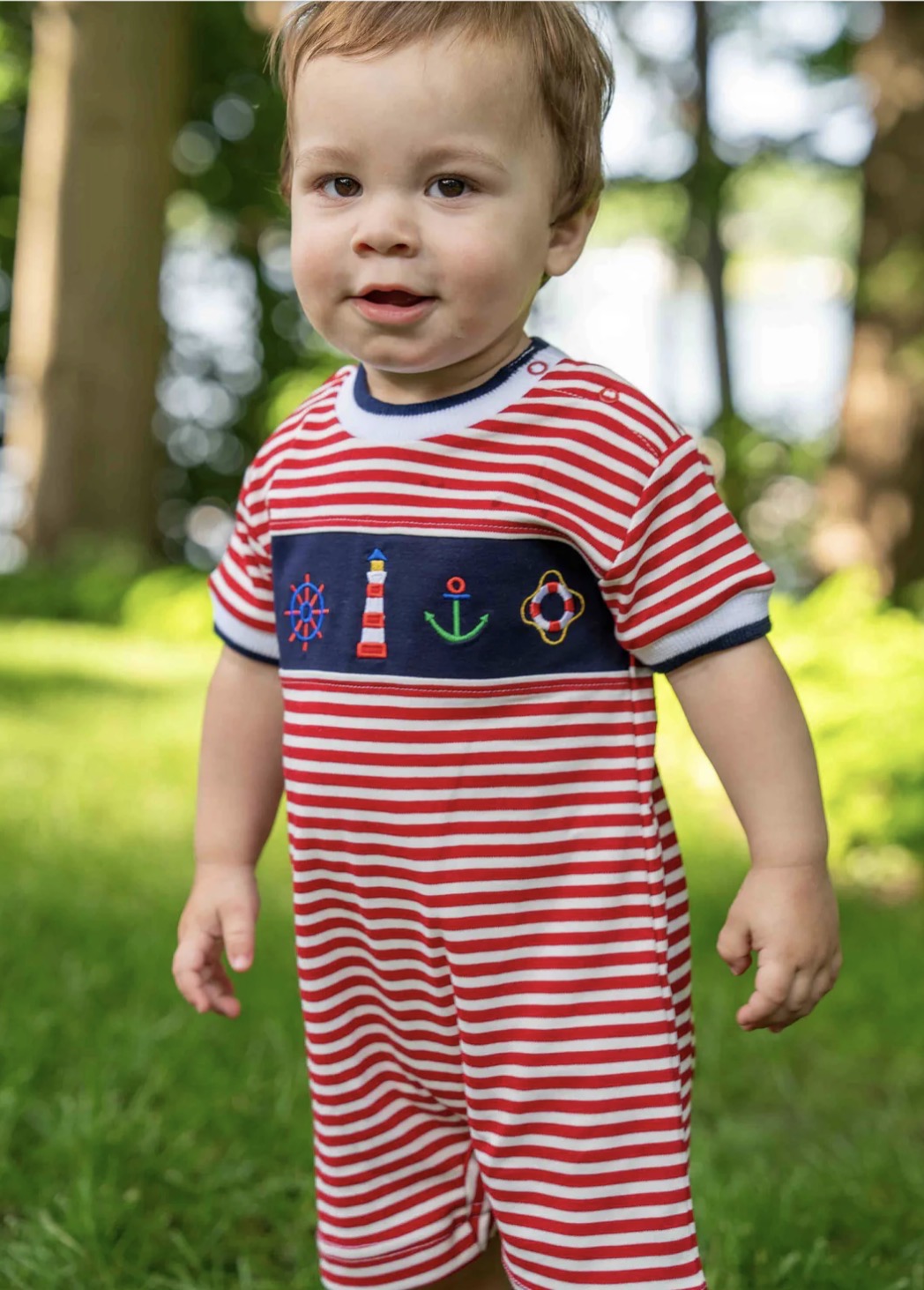 Stripe Knit Shortall With Nautical Applique