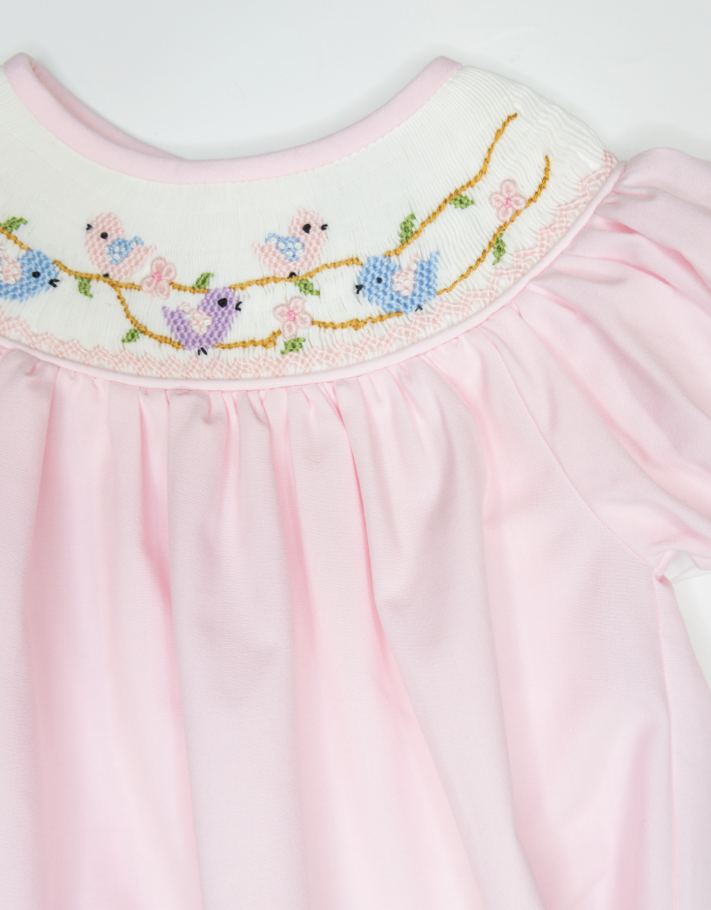 Birds and Blossom Pink Smocked Bubble