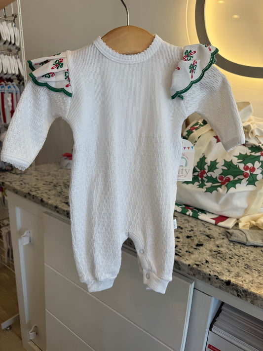 Knit Romper Swiss Trim Candy Cane Angel Sleeve