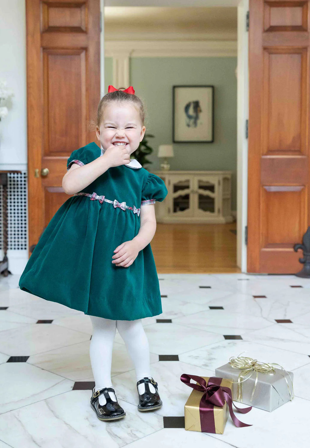 Velvet Waist Dress With Plaid Bows