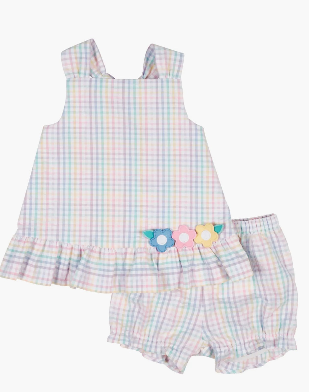 Plaid Seersucker Dress And Bloomer With Flowers