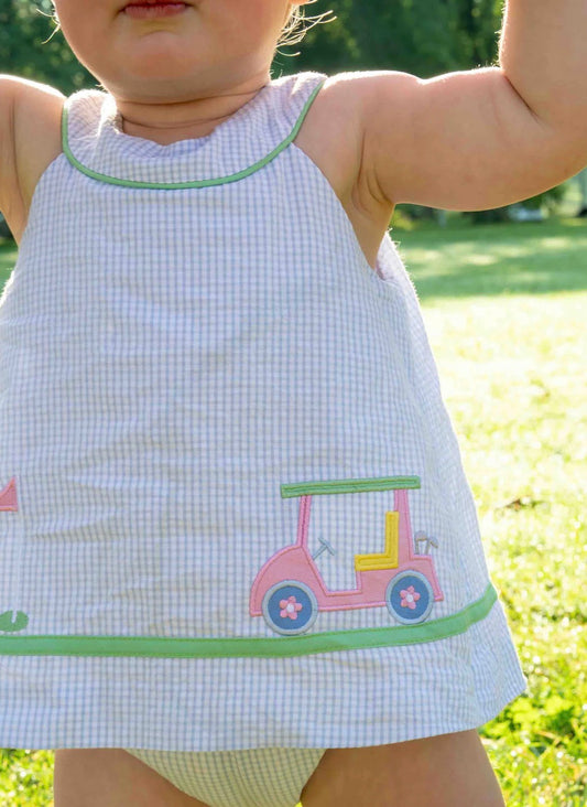 Check Seersucker Skirted Romper W/Golf Cart