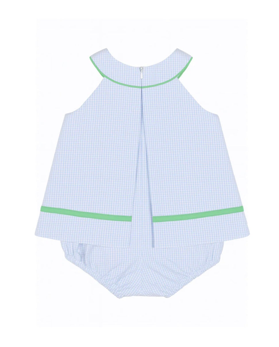 Check Seersucker Skirted Romper W/Golf Cart