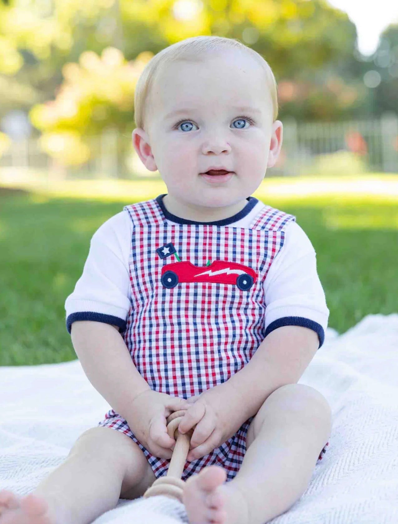 Plaid Seersucker Shortall With Derby Car