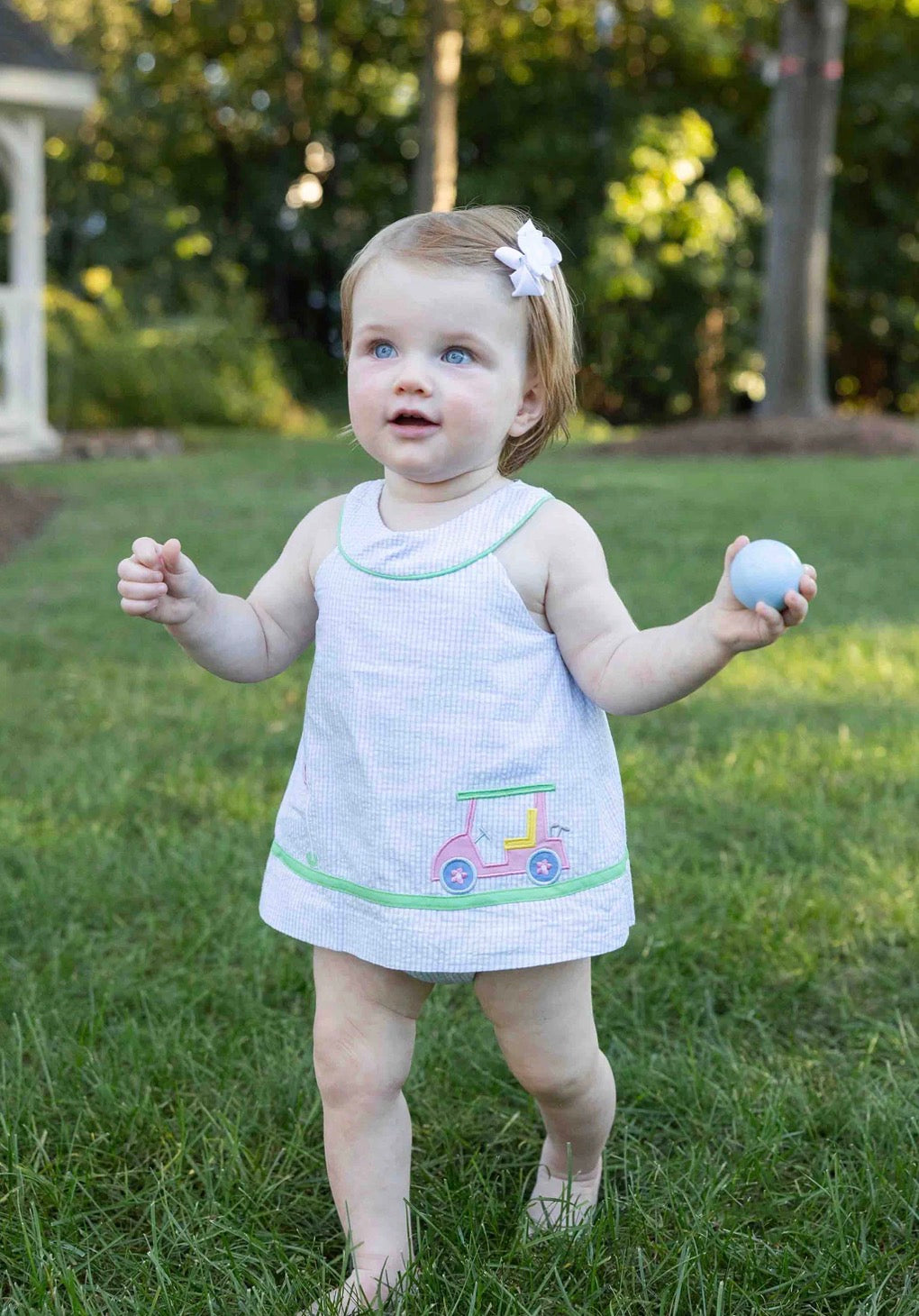 Check Seersucker Skirted Romper W/Golf Cart