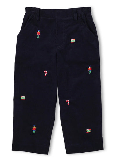 Corduroy Fake Fly Pants With Allover Embroidery
