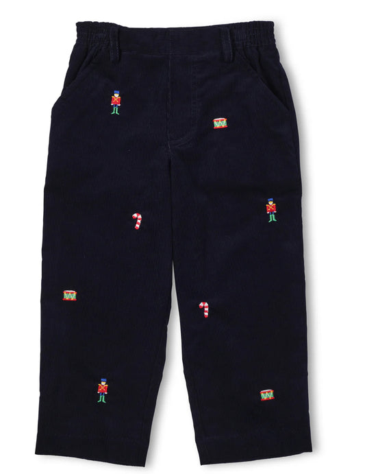 Corduroy Fake Fly Pants With Allover Embroidery