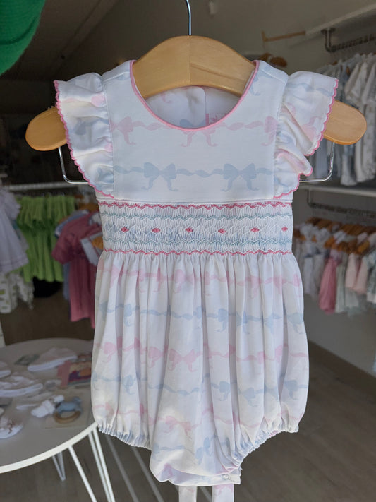 Harper Mini Gingham Angel Wing Bishop Bubble W/ Pink Bows