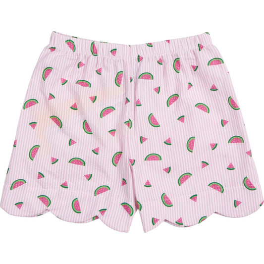Printed Seersucker Shorts with Scallop Hem