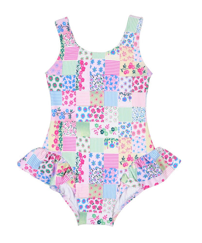 Patchwork Floral Hip Ruffle Swimsuit