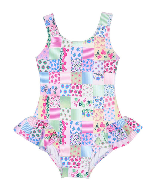 Patchwork Floral Hip Ruffle Swimsuit