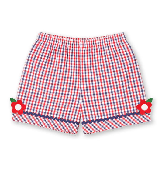 Plaid Seersucker Shorts With Ric Rac & Flowers