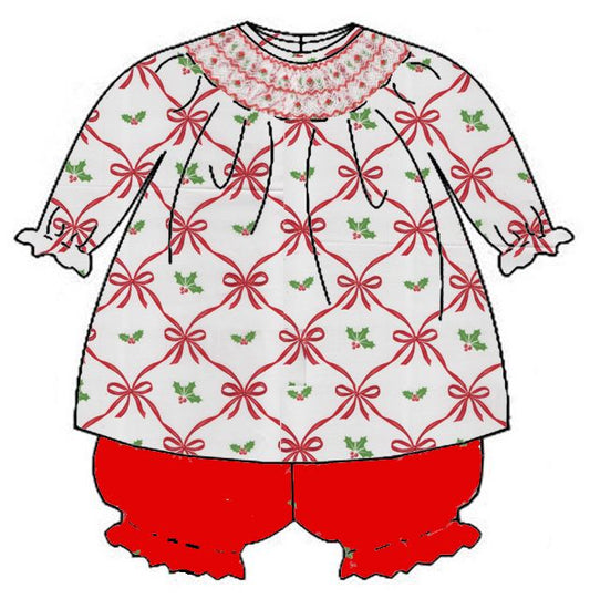 Alison Holiday Bow ́s Print Bishop Bloomer Set L/S