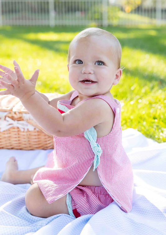 Check Seersucker Dress & Bloomer w/ Watermelon
