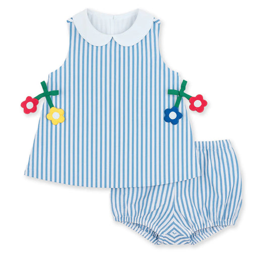 Seersucker Dress & Bloomer With Flowers