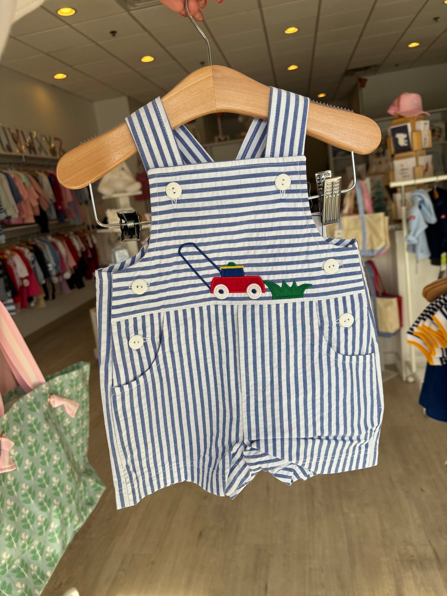 Stripe Seersucker Shortall with Lawn Mower