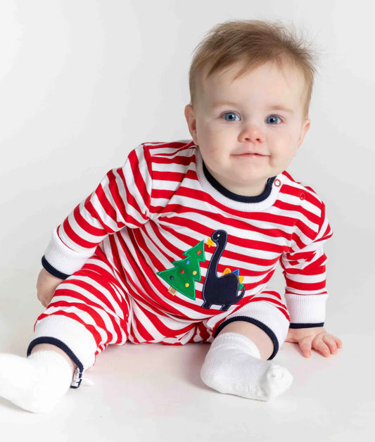 Stripe Knit Longall With Dino & Chistmas Tree